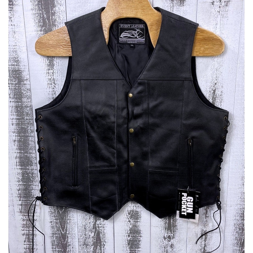 Event Leather Motorcycle Vest Men's‎ 3XL EL-5391 Side Lace Concealed Carry Black